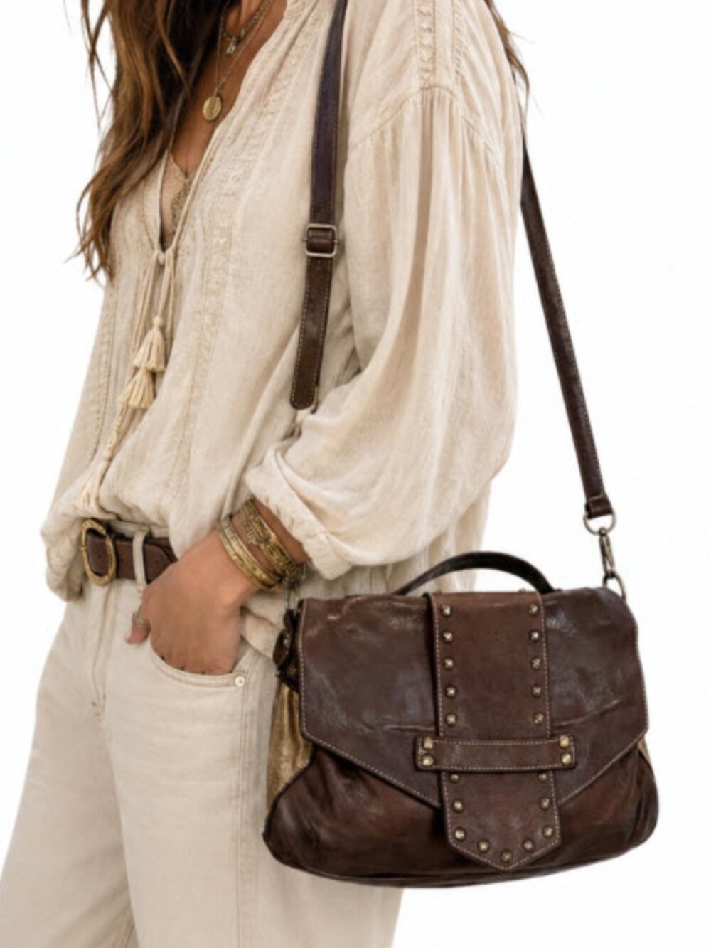 Constanza Rota Brown Leather Studded Crossbody Bag Italian Adjustable straps